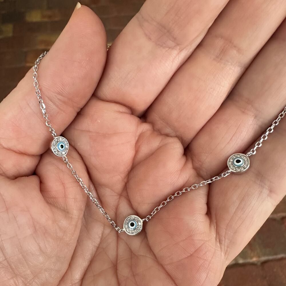 925 Sterling Silver Evil Eye CZ Anklet - Picture 5 of 5